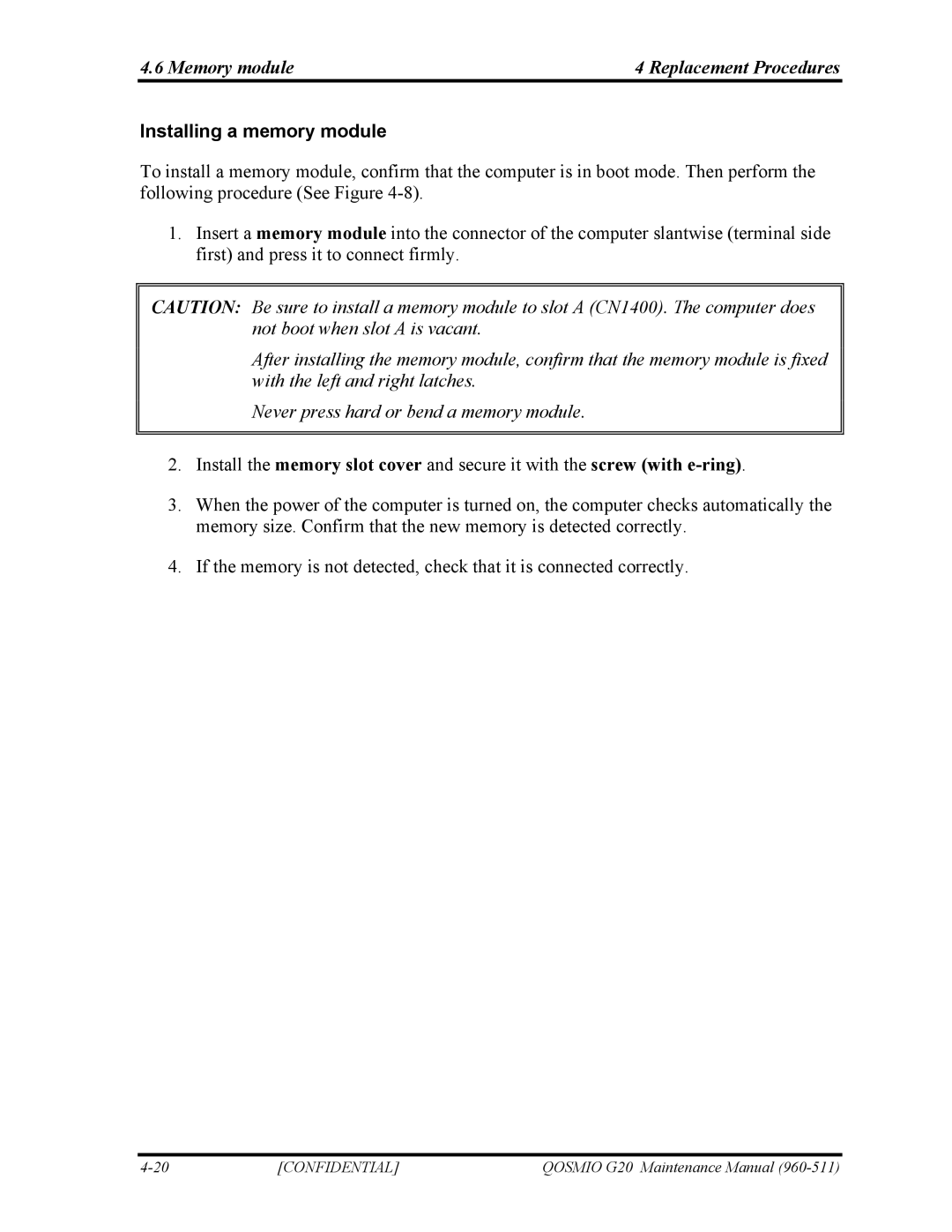 Toshiba QOSMIO G20 manual Memory module Replacement Procedures, Installing a memory module 