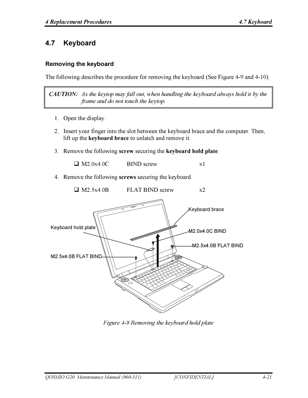 Toshiba QOSMIO G20 manual Replacement Procedures Keyboard, Removing the keyboard 