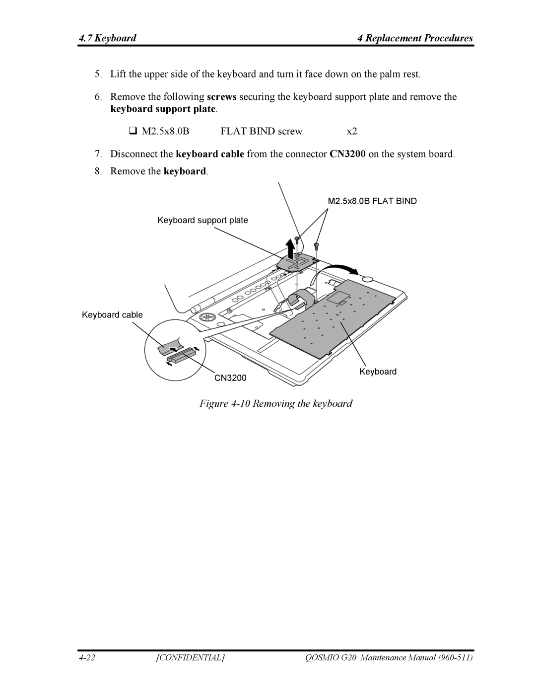 Toshiba QOSMIO G20 manual Keyboard Replacement Procedures, Removing the keyboard 