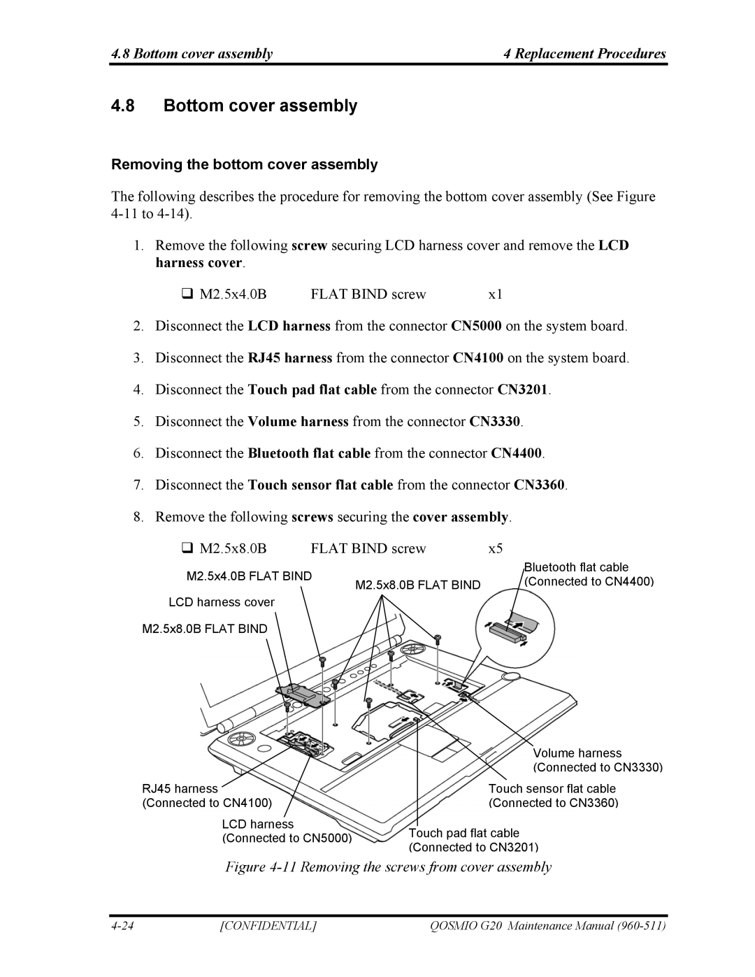 Toshiba QOSMIO G20 manual Bottom cover assembly Replacement Procedures, Removing the bottom cover assembly 