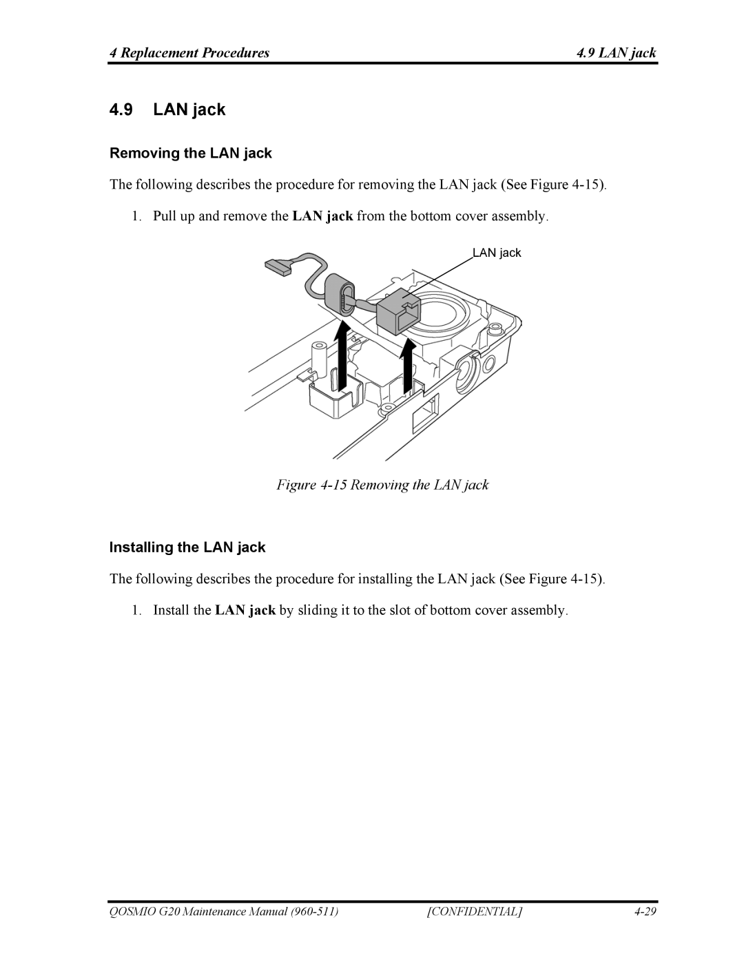 Toshiba QOSMIO G20 manual Replacement Procedures LAN jack, Removing the LAN jack, Installing the LAN jack 