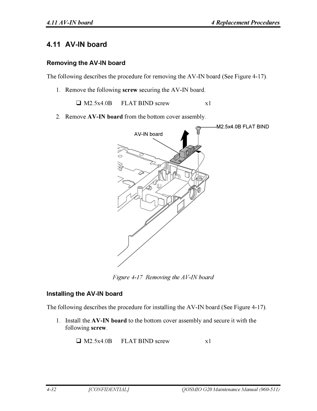 Toshiba QOSMIO G20 manual AV-IN board4 Replacement Procedures, Removing the AV-IN board, Installing the AV-IN board 