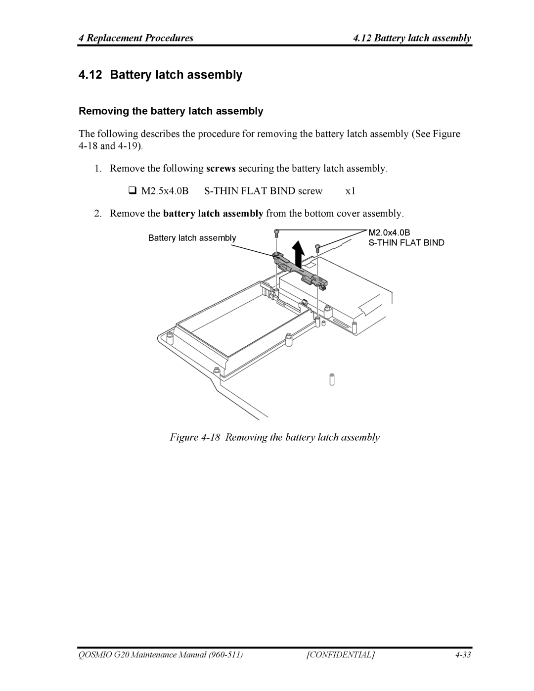 Toshiba QOSMIO G20 manual Replacement Procedures Battery latch assembly, Removing the battery latch assembly 