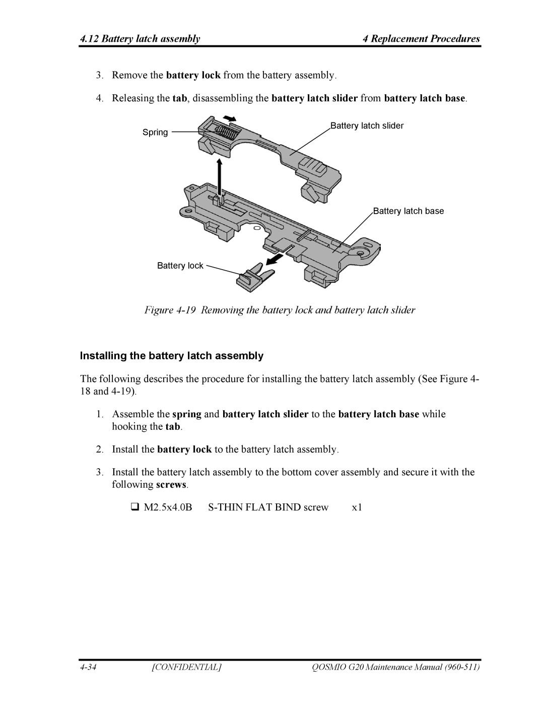 Toshiba QOSMIO G20 manual Battery latch assembly Replacement Procedures, Installing the battery latch assembly 