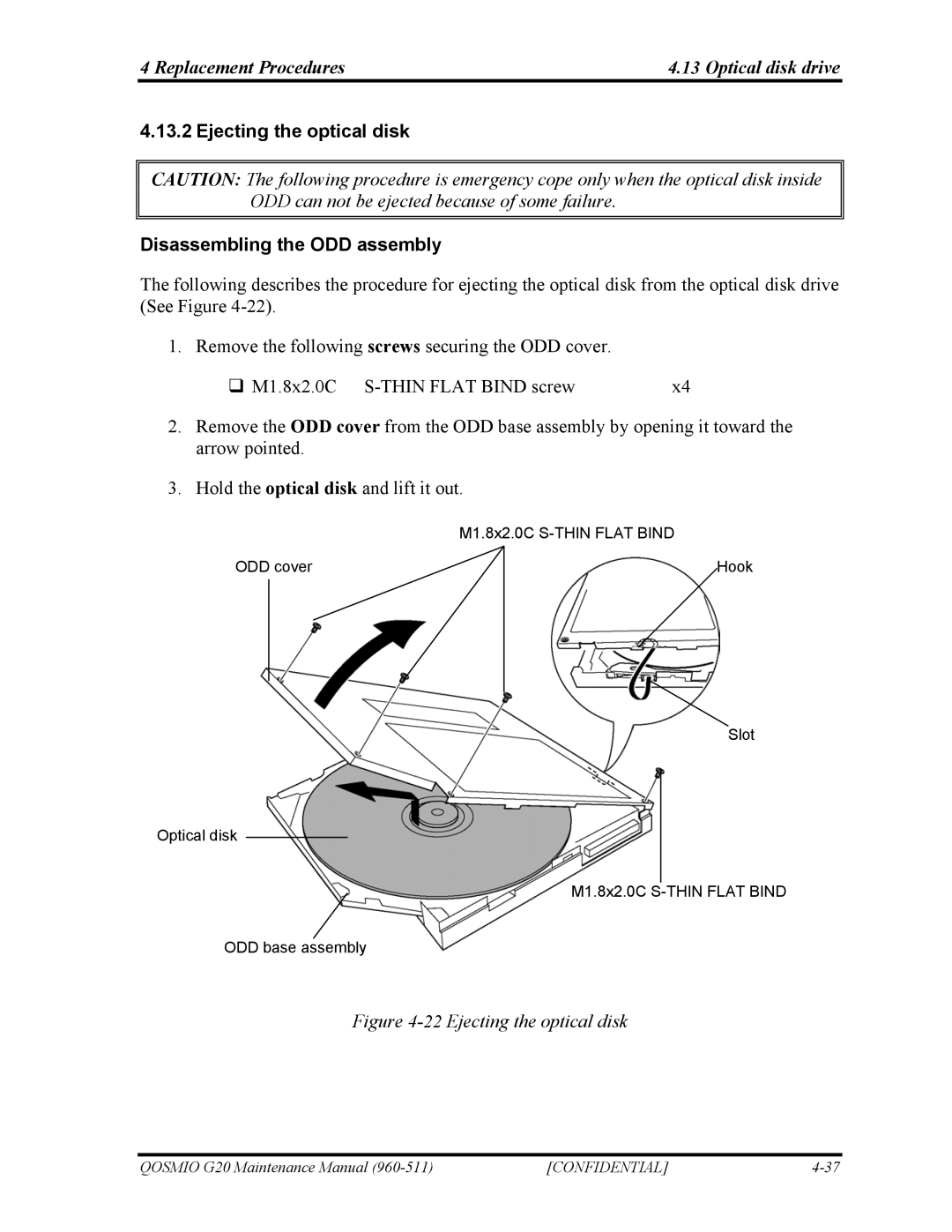 Toshiba QOSMIO G20 manual Ejecting the optical disk Disassembling the ODD assembly 