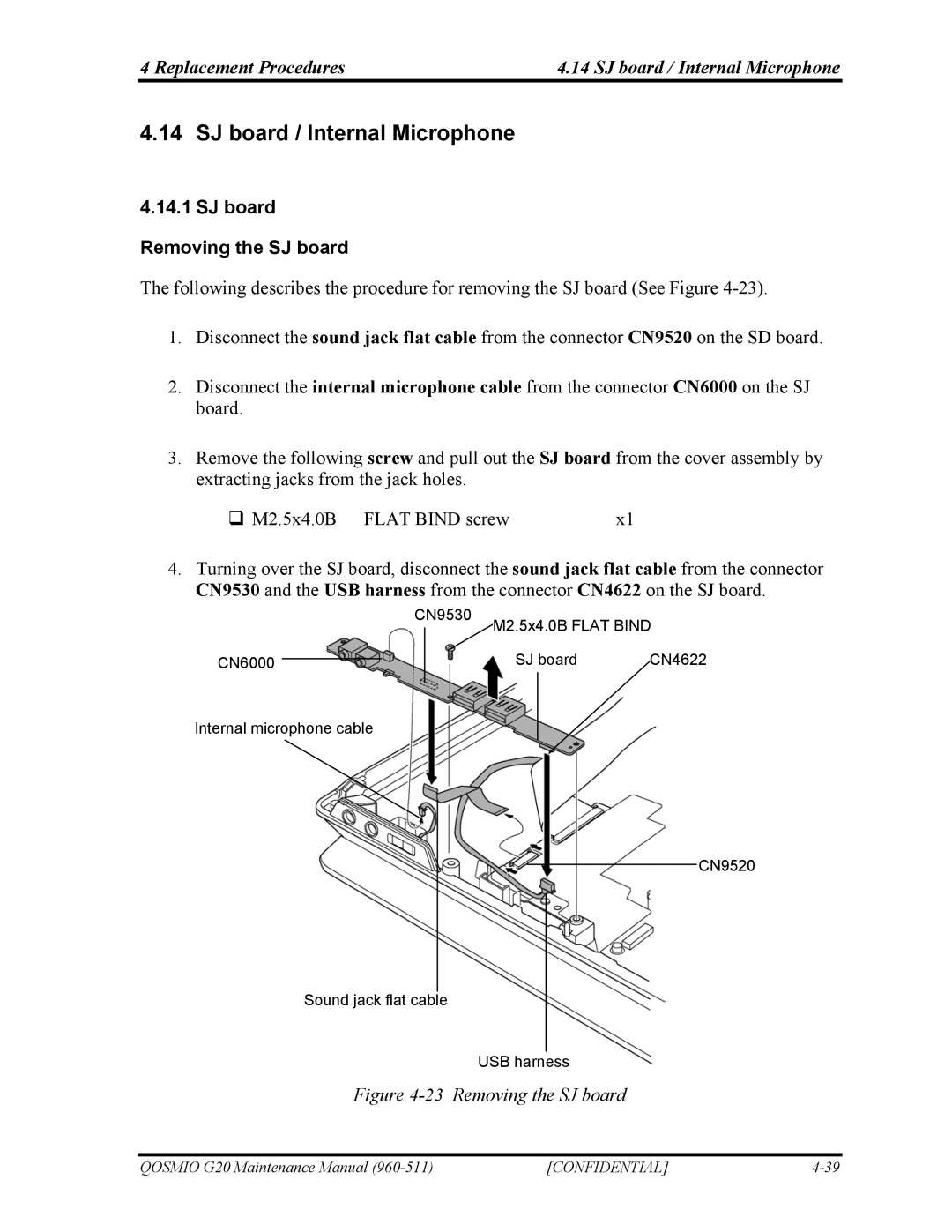 Toshiba QOSMIO G20 manual Replacement Procedures SJ board / Internal Microphone, SJ board Removing the SJ board 