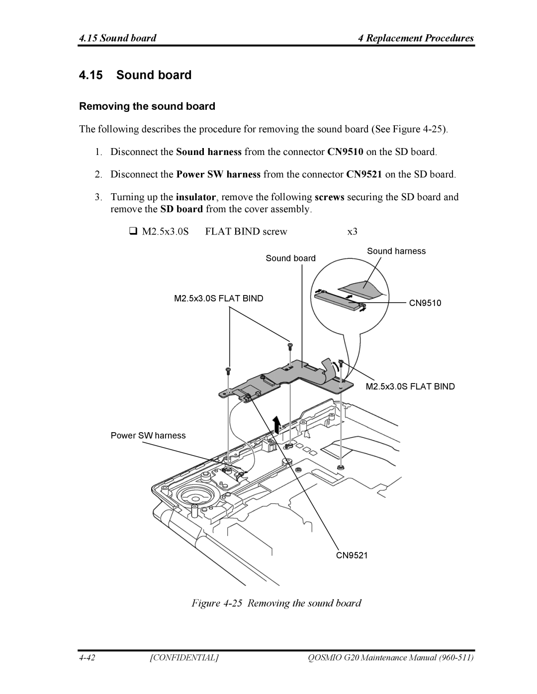 Toshiba QOSMIO G20 manual Sound board Replacement Procedures, Removing the sound board 