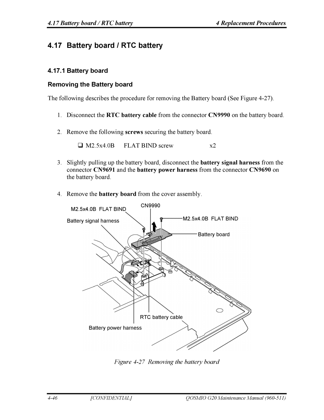 Toshiba QOSMIO G20 manual Battery board / RTC battery Replacement Procedures, Battery board Removing the Battery board 