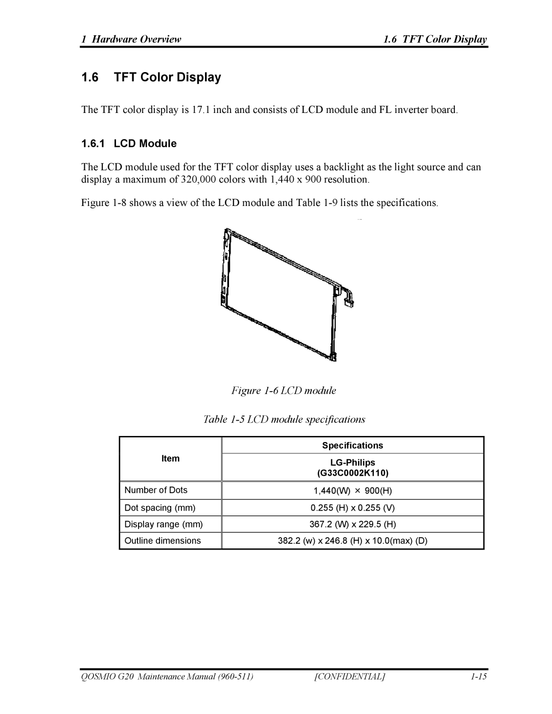 Toshiba QOSMIO G20 manual Hardware Overview TFT Color Display, LCD Module, Specifications LG-Philips G33C0002K110 