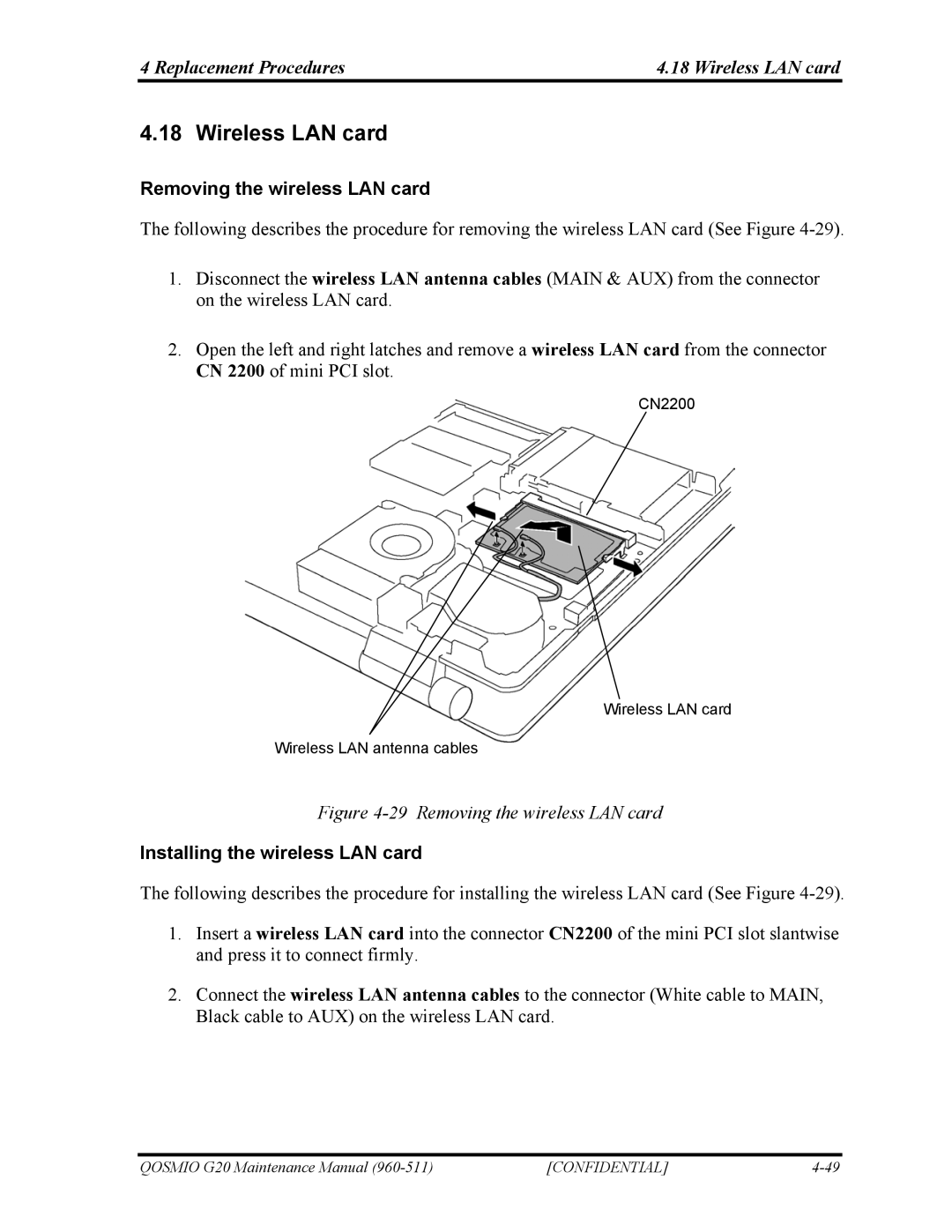 Toshiba QOSMIO G20 manual Replacement Procedures Wireless LAN card, Removing the wireless LAN card 
