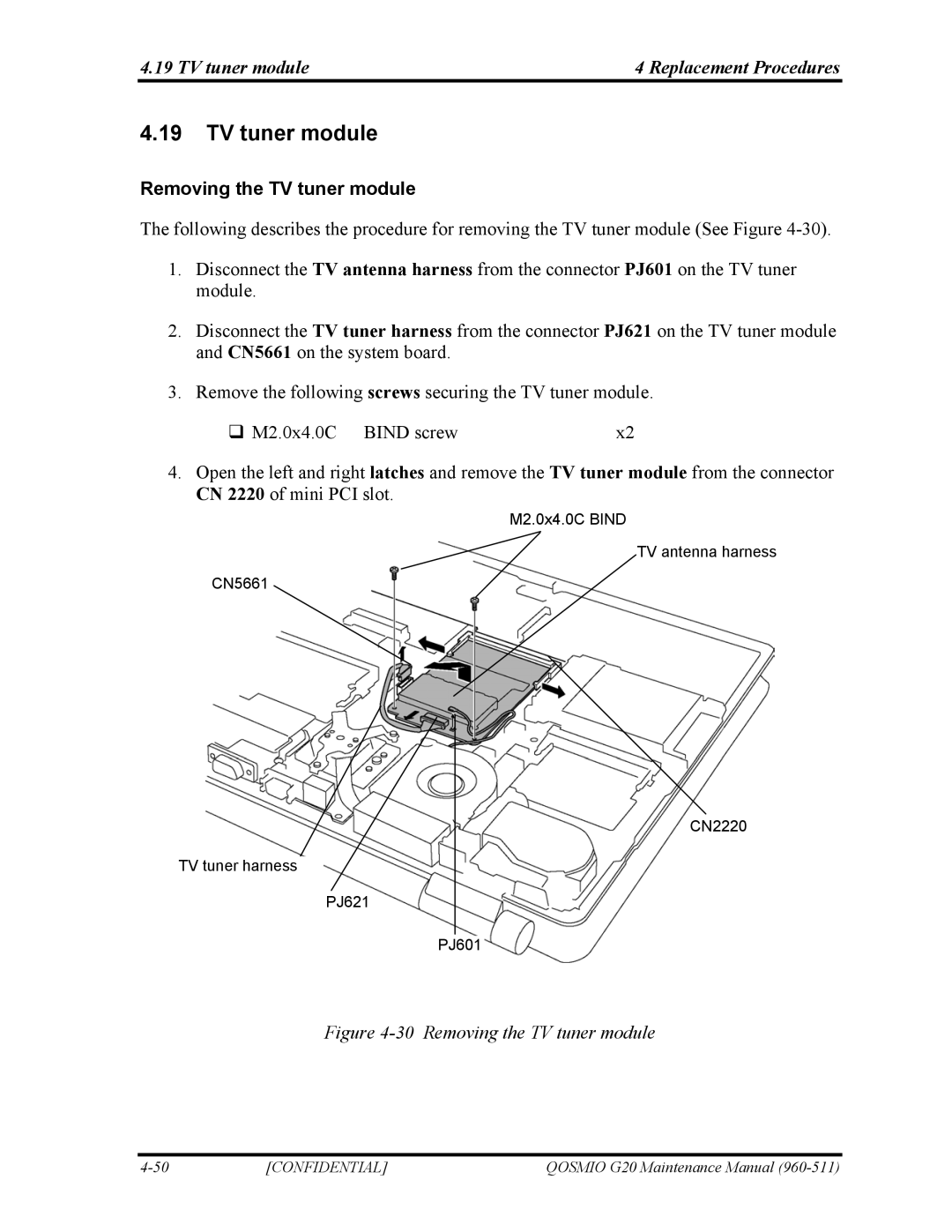 Toshiba QOSMIO G20 manual TV tuner module Replacement Procedures, Removing the TV tuner module 