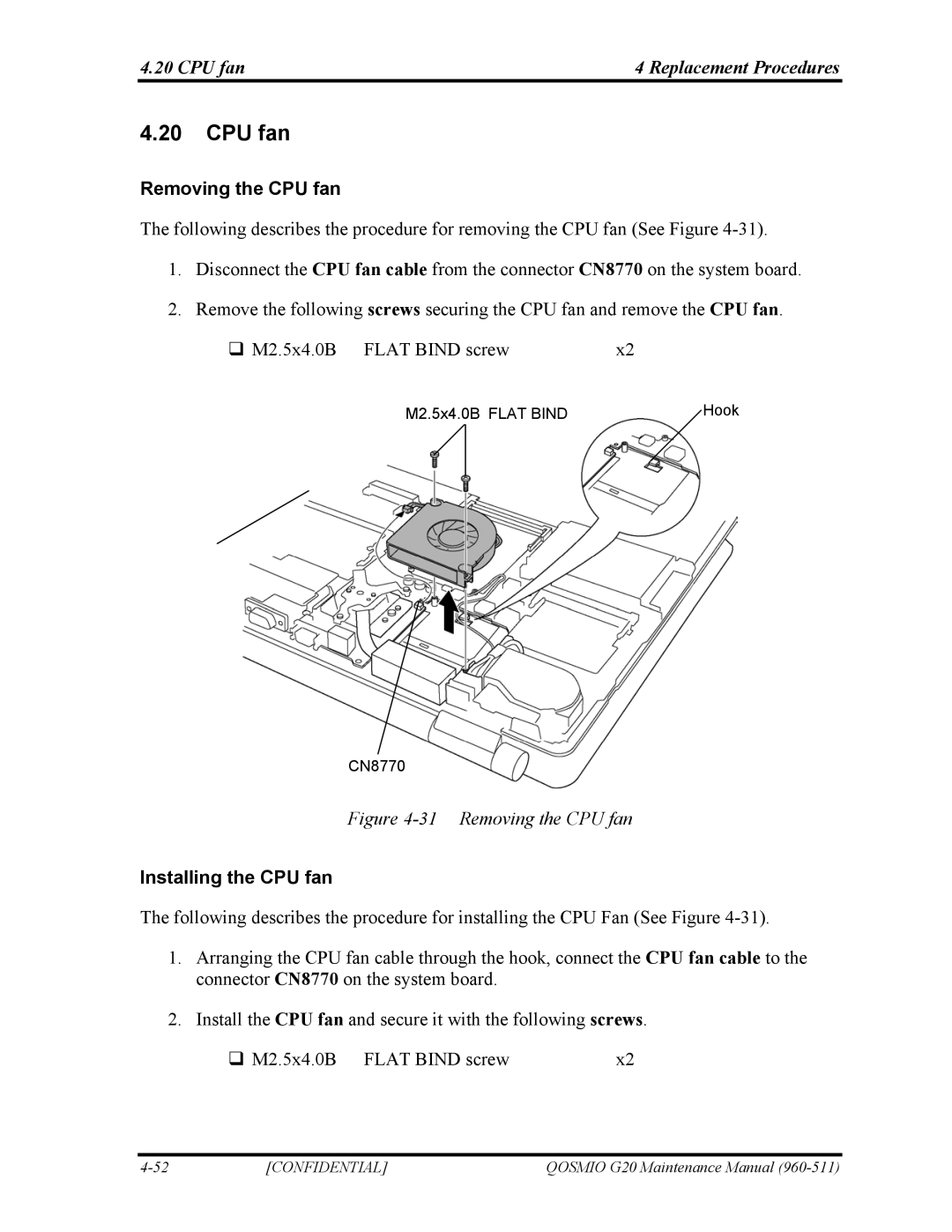 Toshiba QOSMIO G20 manual CPU fan Replacement Procedures, Removing the CPU fan, Installing the CPU fan 