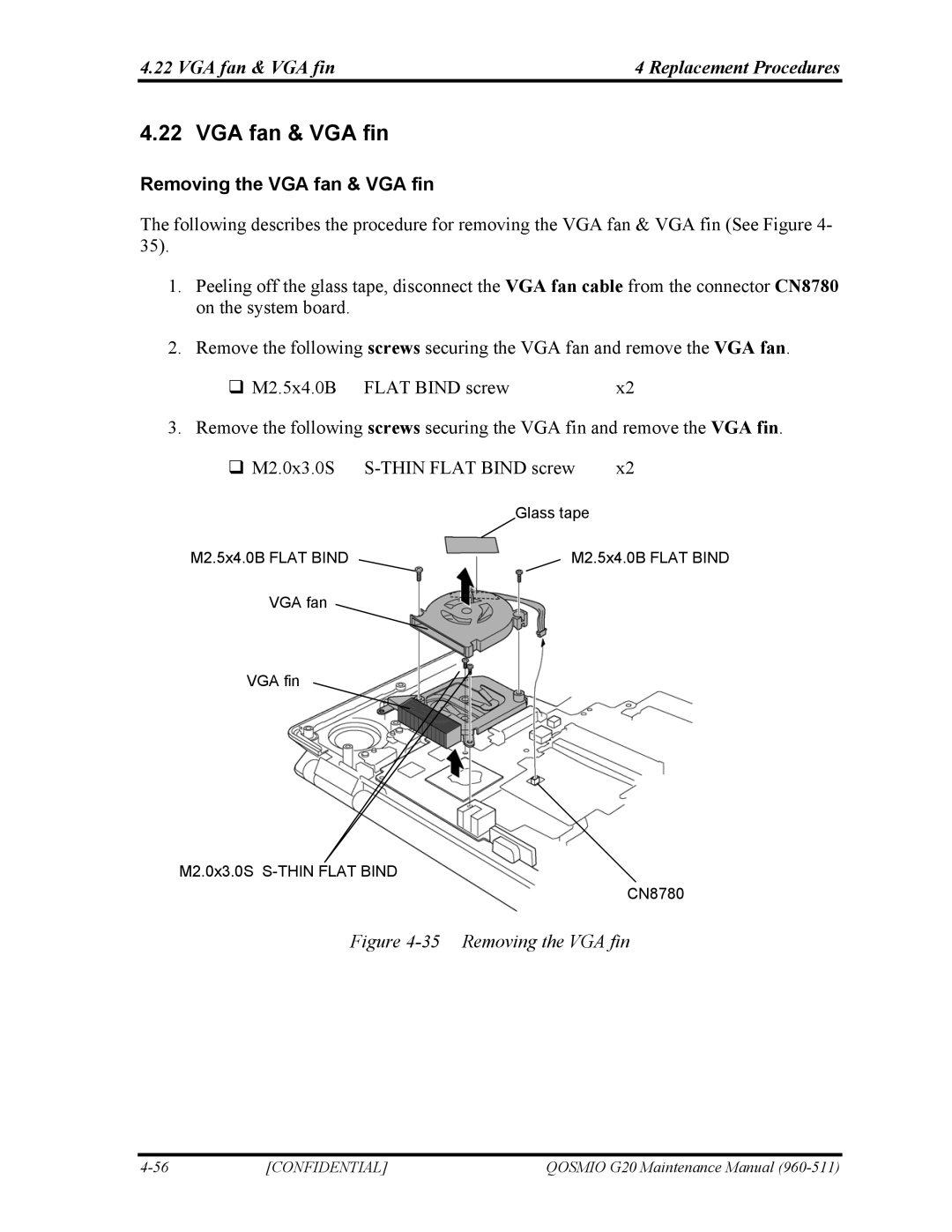 Toshiba QOSMIO G20 manual VGA fan & VGA fin Replacement Procedures, Removing the VGA fan & VGA fin 