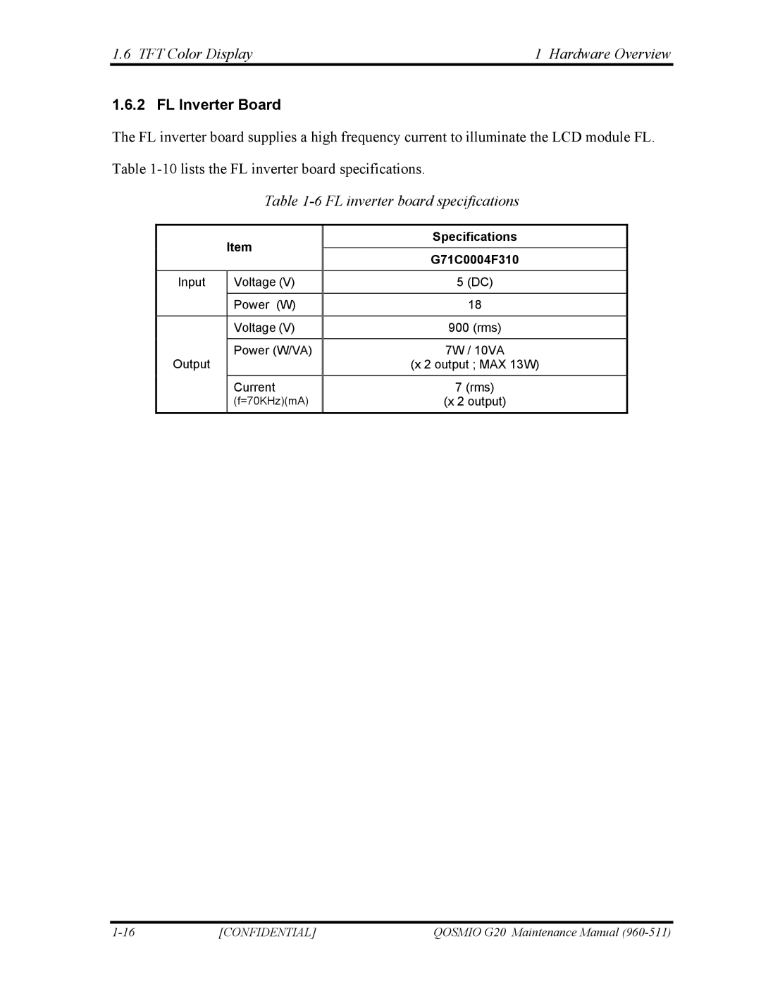 Toshiba QOSMIO G20 TFT Color Display Hardware Overview, FL Inverter Board, FL inverter board specifications, G71C0004F310 