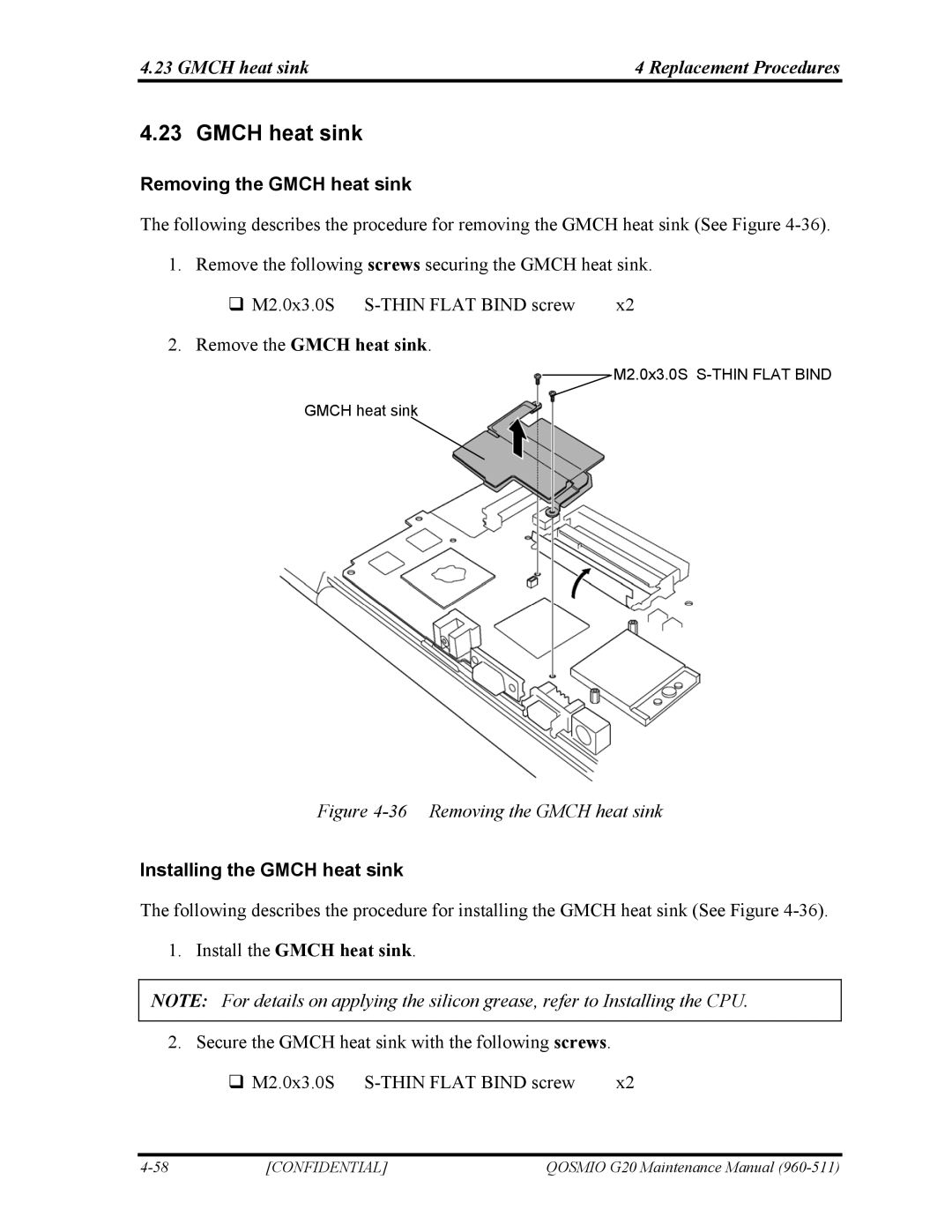 Toshiba QOSMIO G20 manual Gmch heat sink Removing the Gmch heat sink, Gmch heat sink4 Replacement Procedures 