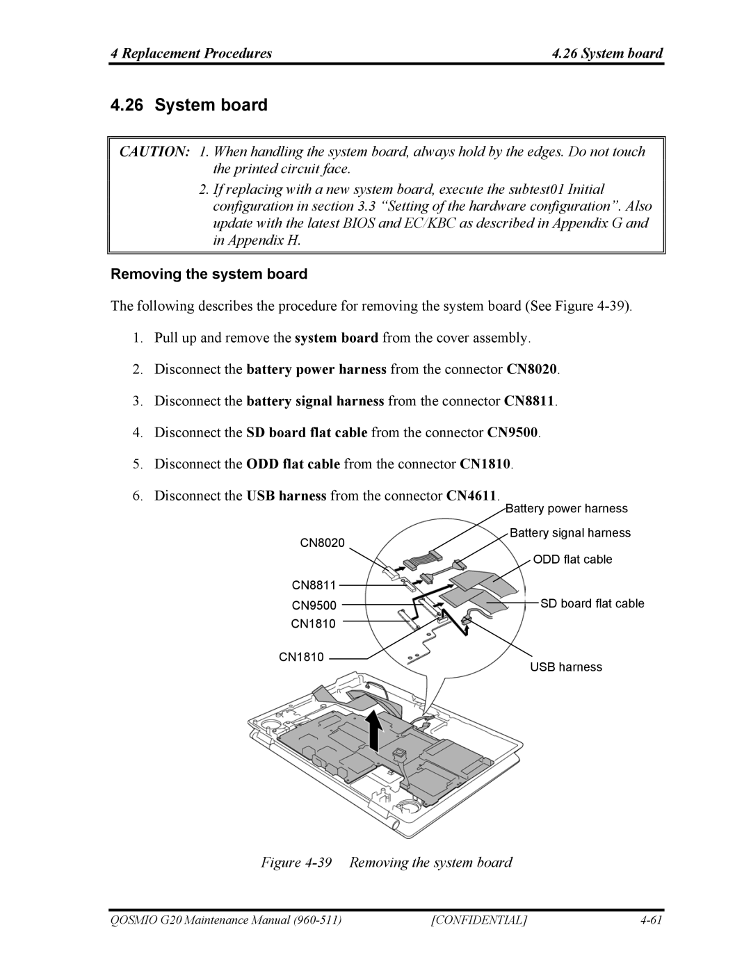 Toshiba QOSMIO G20 manual Replacement Procedures System board, Removing the system board 