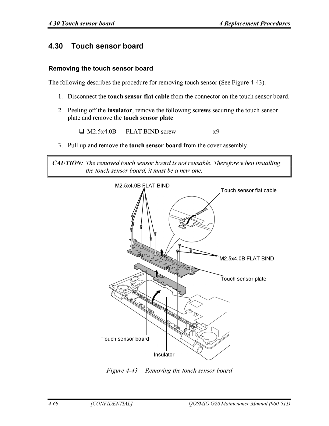 Toshiba QOSMIO G20 manual Touch sensor board Replacement Procedures, Removing the touch sensor board 