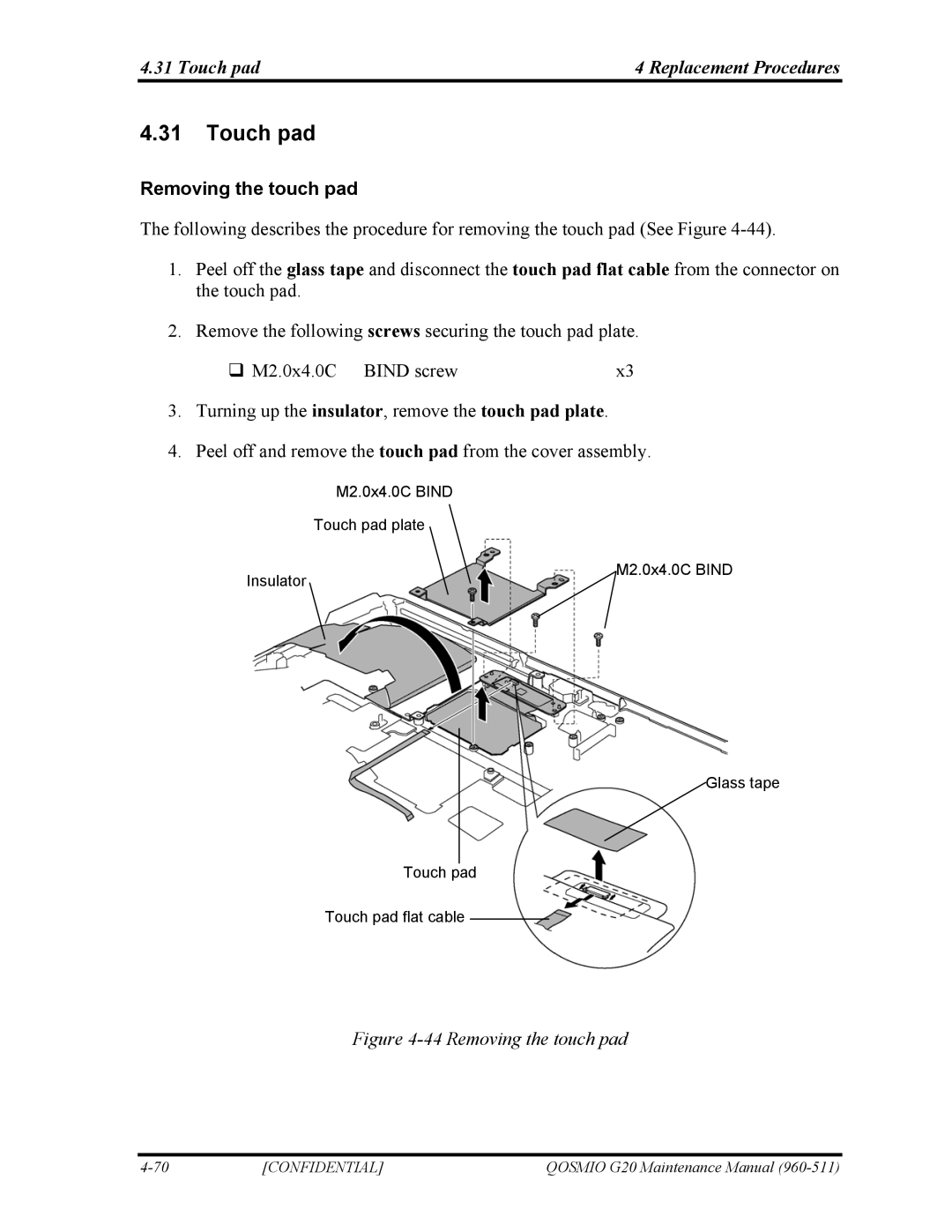 Toshiba QOSMIO G20 manual Touch pad Replacement Procedures, Removing the touch pad 