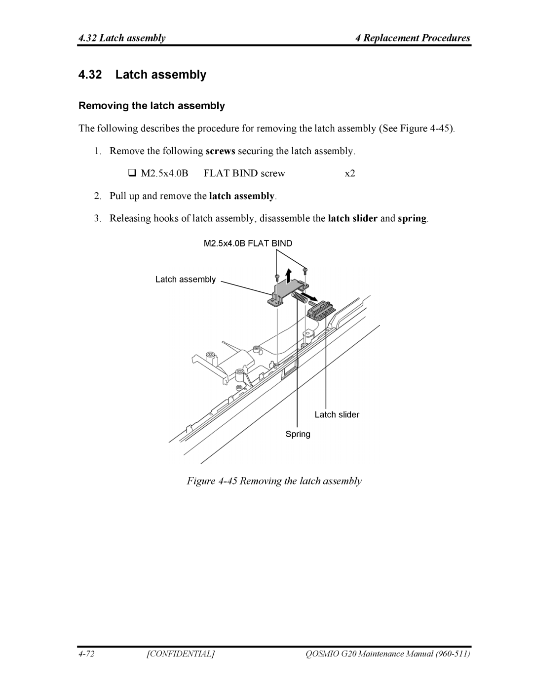 Toshiba QOSMIO G20 manual Latch assembly Replacement Procedures, Removing the latch assembly 