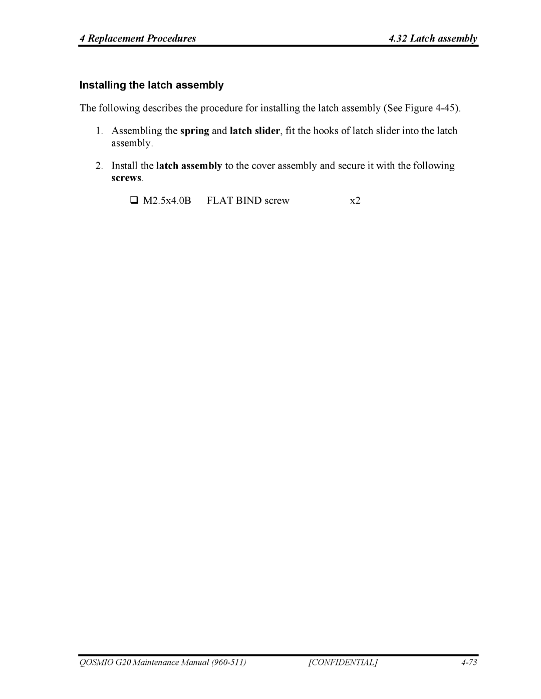 Toshiba QOSMIO G20 manual Replacement Procedures Latch assembly, Installing the latch assembly 