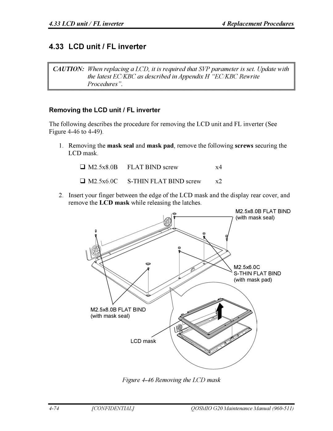 Toshiba QOSMIO G20 manual LCD unit / FL inverter Replacement Procedures, Removing the LCD unit / FL inverter 