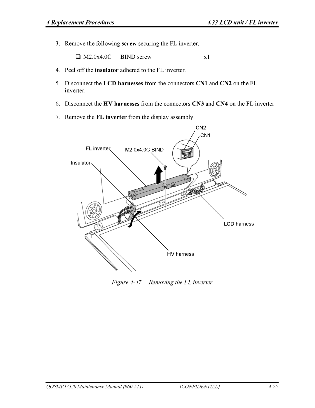 Toshiba QOSMIO G20 manual Removing the FL inverter 