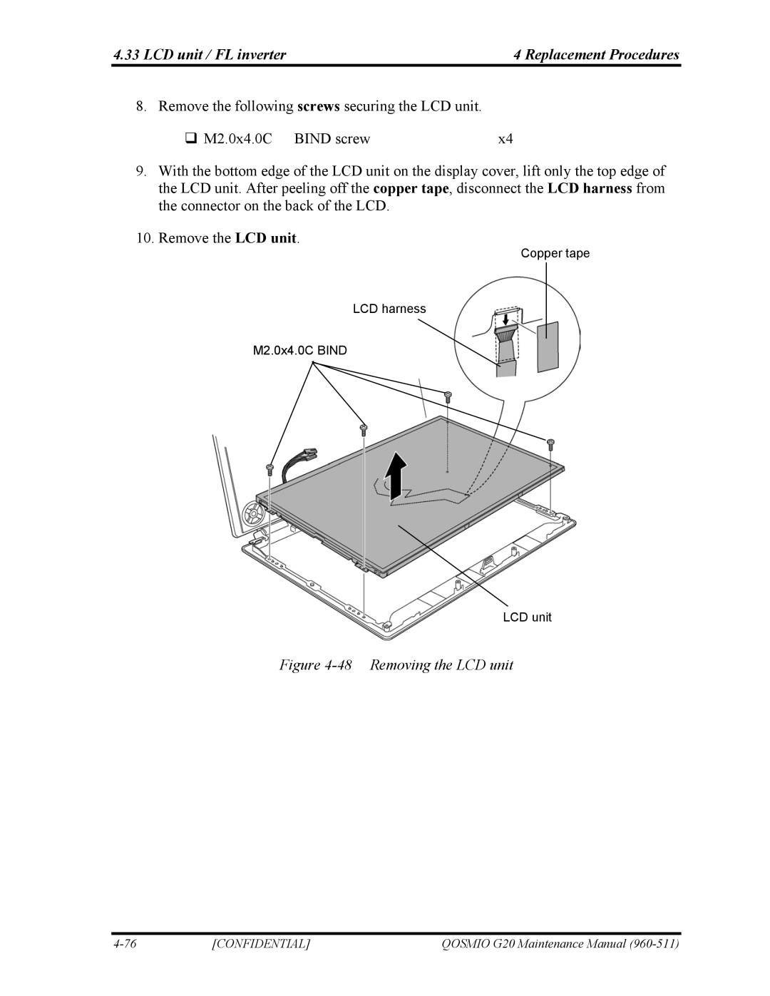 Toshiba QOSMIO G20 manual Removing the LCD unit 