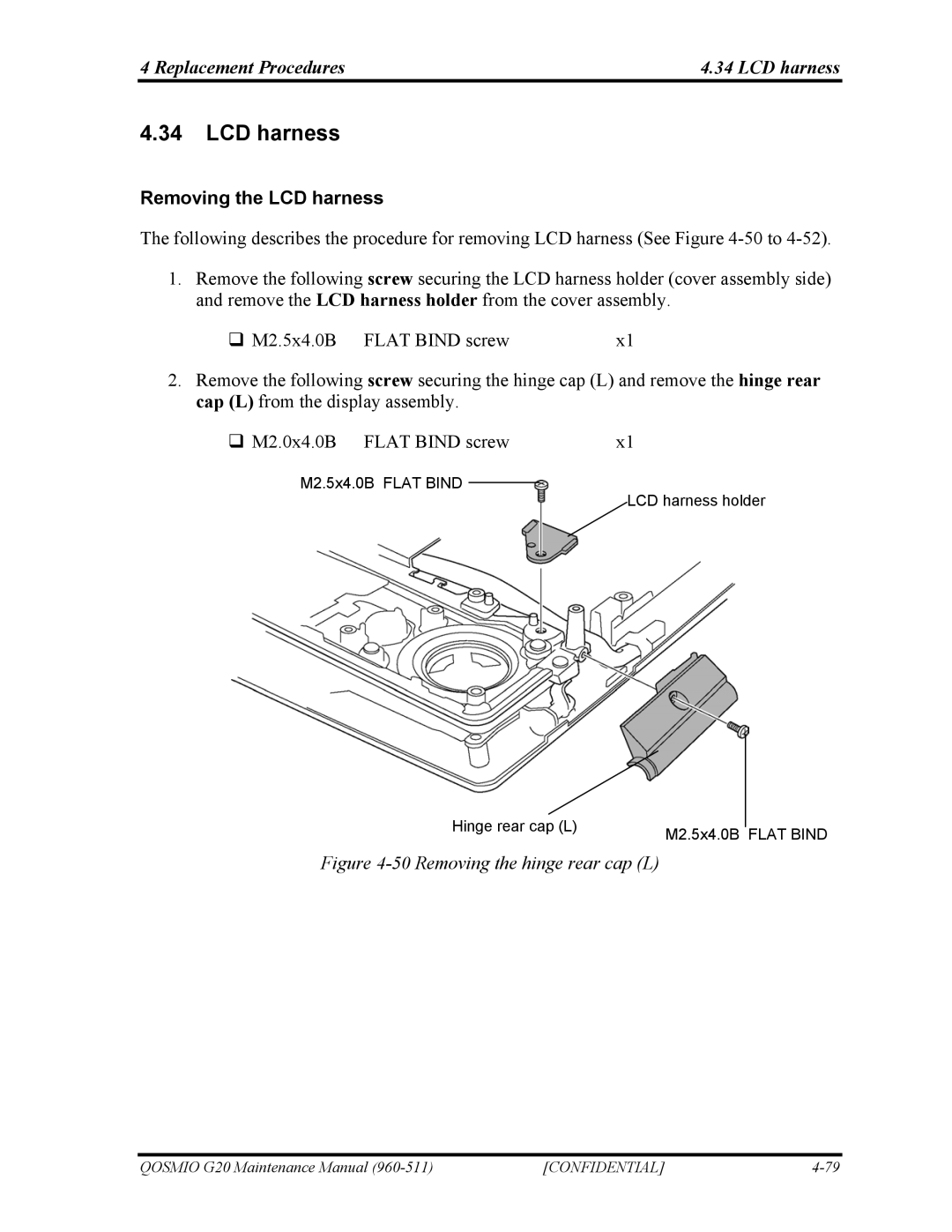 Toshiba QOSMIO G20 manual Replacement Procedures LCD harness, Removing the LCD harness 