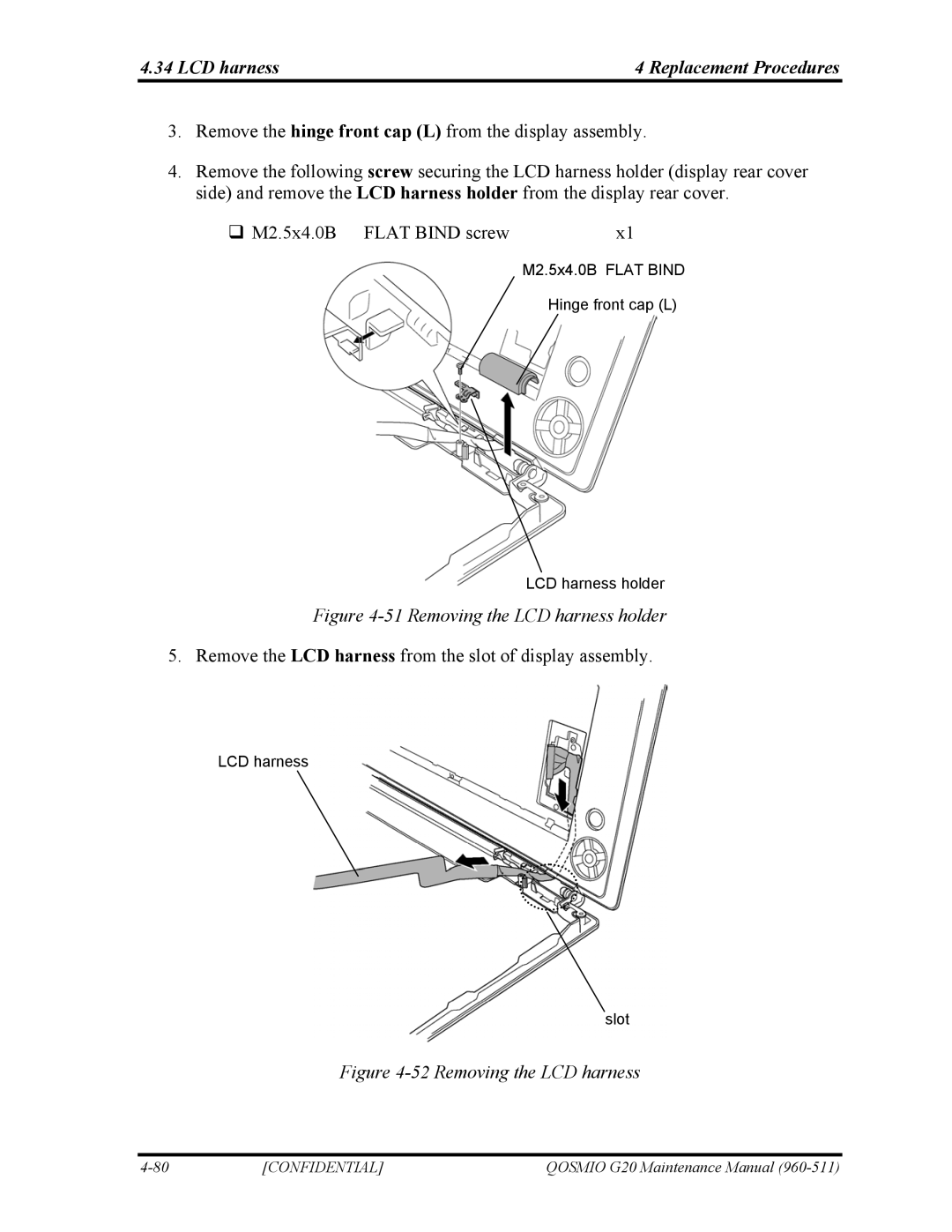 Toshiba QOSMIO G20 manual LCD harness Replacement Procedures, Removing the LCD harness 