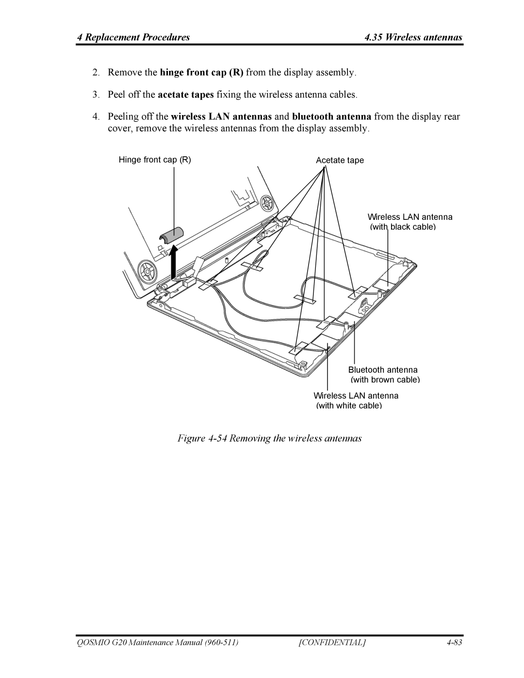 Toshiba QOSMIO G20 manual Replacement Procedures Wireless antennas, Removing the wireless antennas 