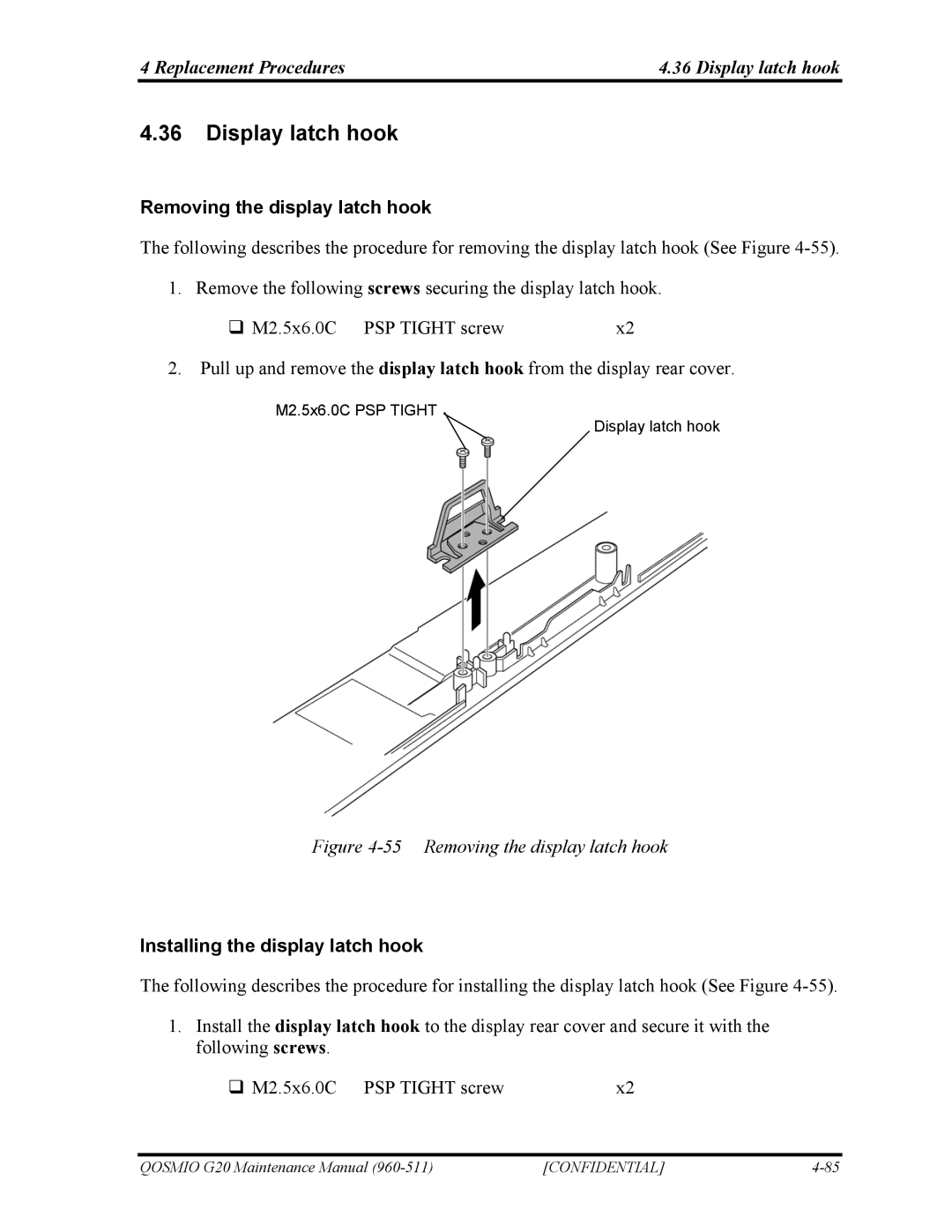 Toshiba QOSMIO G20 manual Replacement Procedures Display latch hook, Removing the display latch hook 