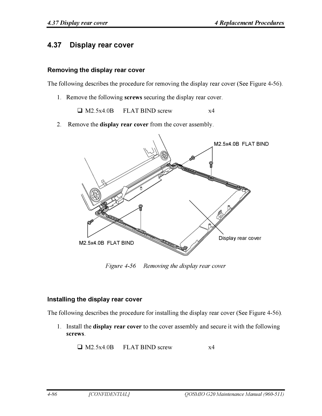 Toshiba QOSMIO G20 manual Display rear cover Replacement Procedures, Removing the display rear cover 