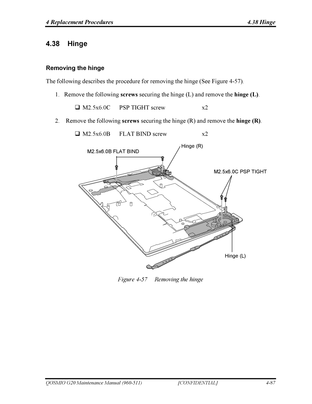 Toshiba QOSMIO G20 manual Replacement Procedures Hinge, Removing the hinge 