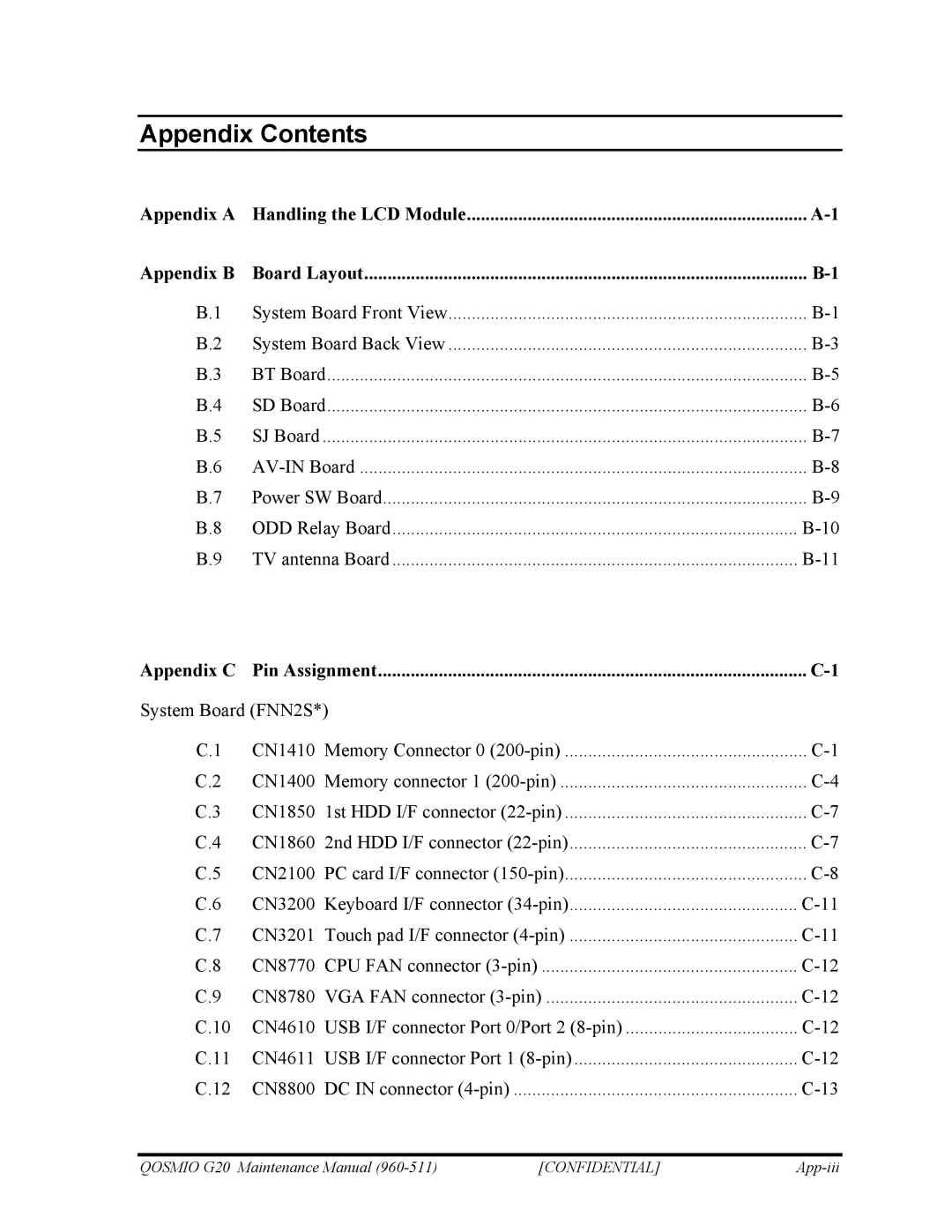 Toshiba QOSMIO G20 manual Appendix Contents 