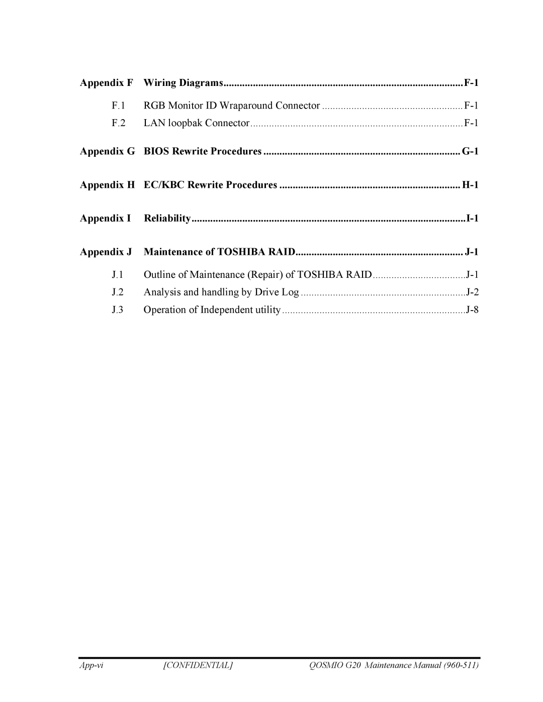 Toshiba QOSMIO G20 manual Appendix F Wiring Diagrams, Appendix J Maintenance of Toshiba RAID 