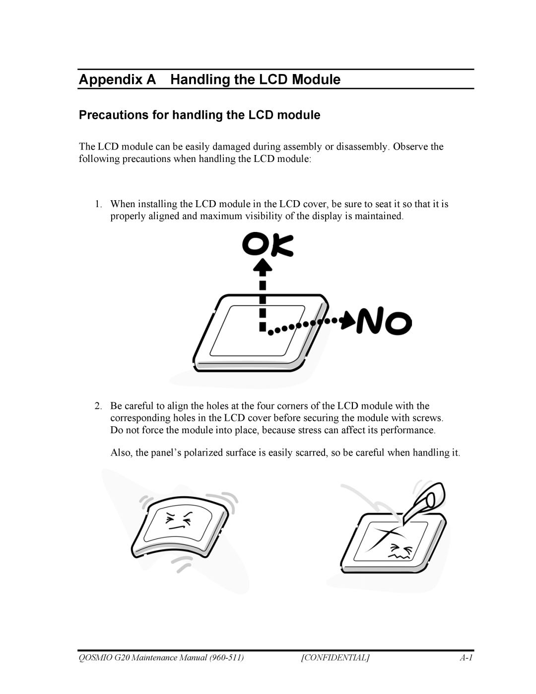 Toshiba QOSMIO G20 manual Appendix a Handling the LCD Module, Precautions for handling the LCD module 