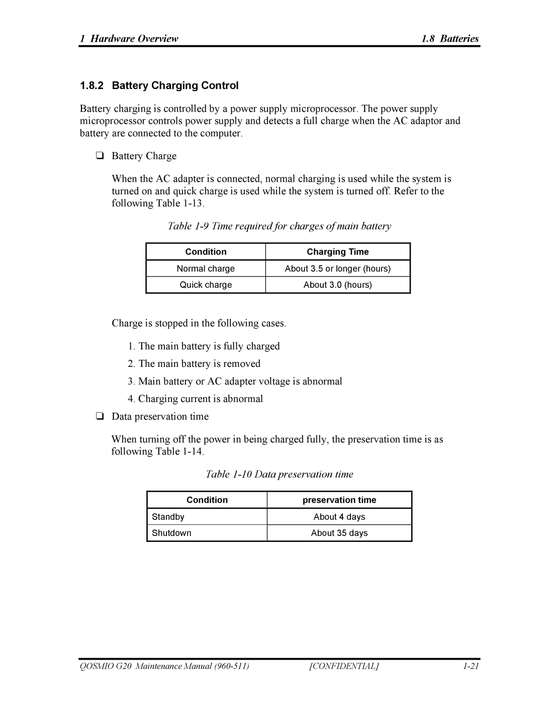 Toshiba QOSMIO G20 manual Hardware Overview Batteries, Battery Charging Control, Time required for charges of main battery 