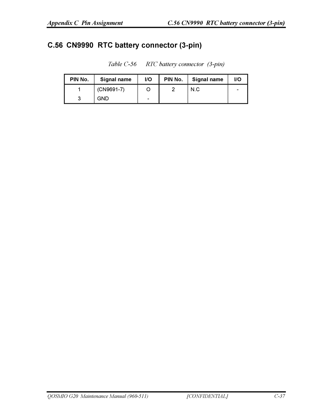 Toshiba QOSMIO G20 manual 56 CN9990 RTC battery connector 3-pin, Table C-56 RTC battery connector 3-pin 