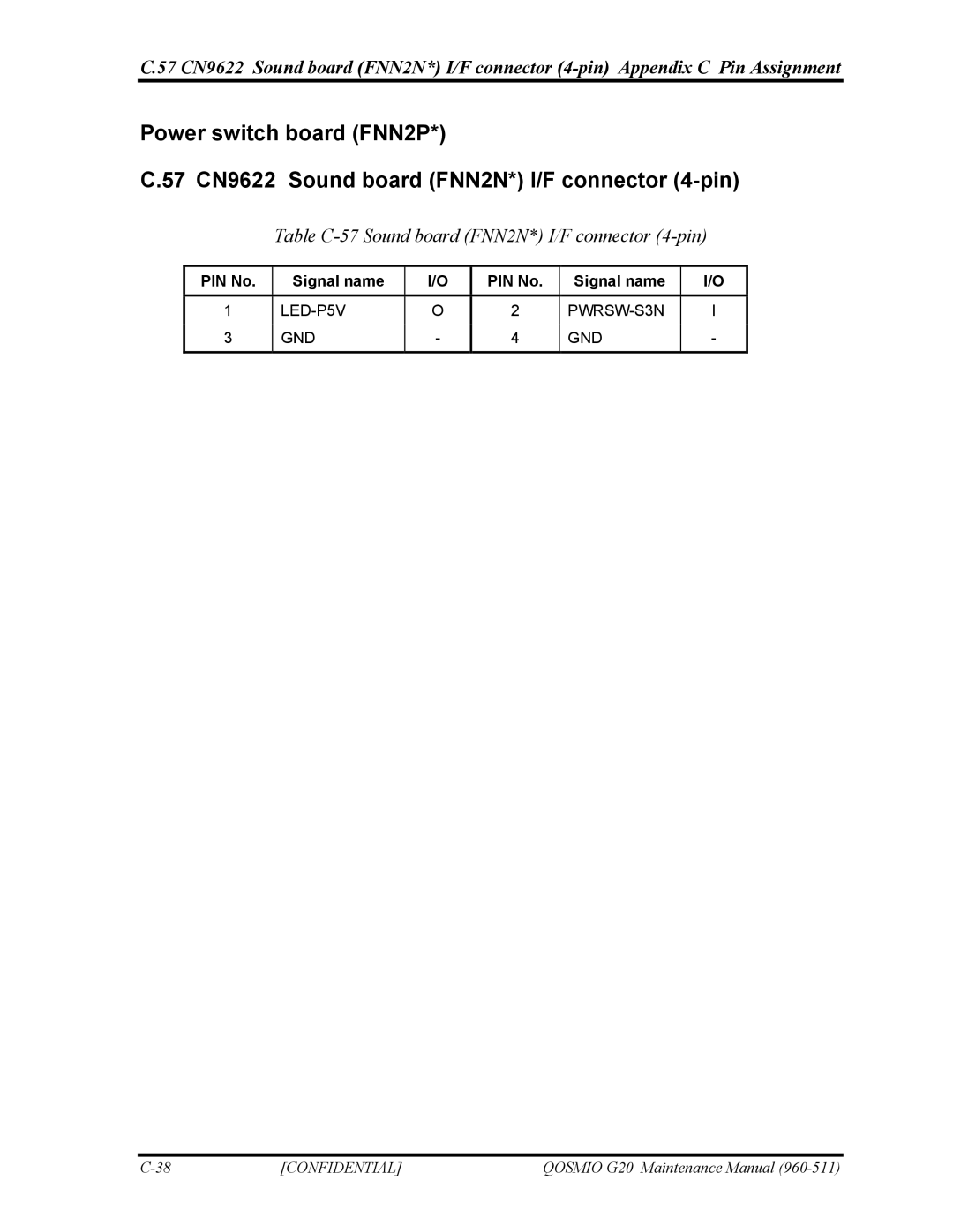 Toshiba QOSMIO G20 manual Table C-57 Sound board FNN2N* I/F connector 4-pin 