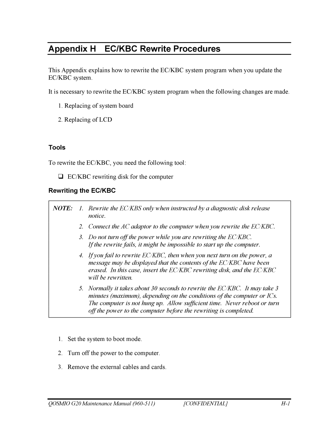 Toshiba QOSMIO G20 manual Appendix H EC/KBC Rewrite Procedures, Rewriting the EC/KBC 