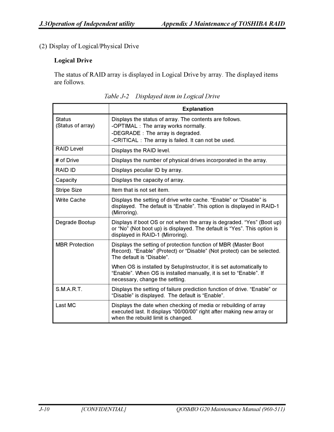 Toshiba QOSMIO G20 manual Table J-2 Displayed item in Logical Drive, Explanation 