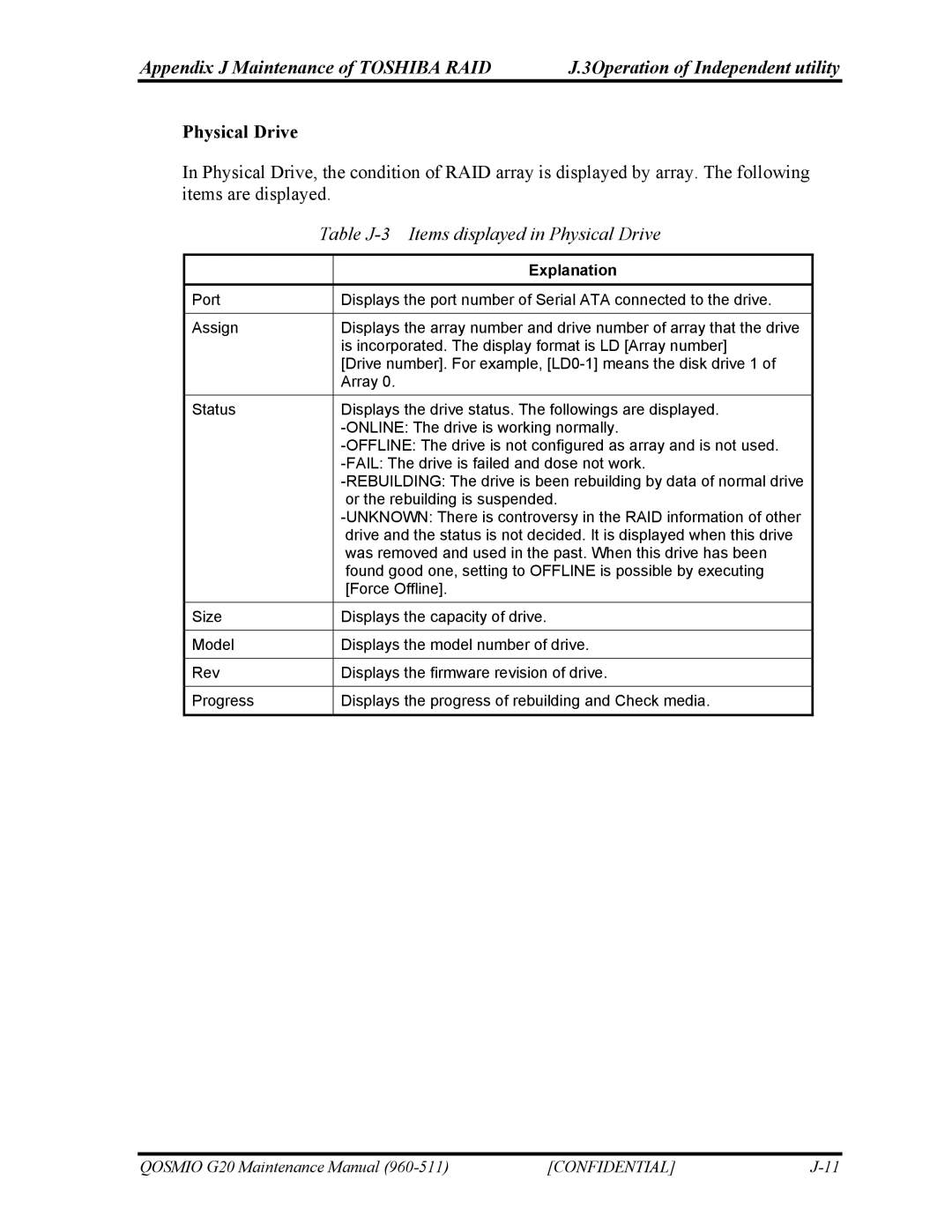 Toshiba QOSMIO G20 manual Table J-3 Items displayed in Physical Drive 