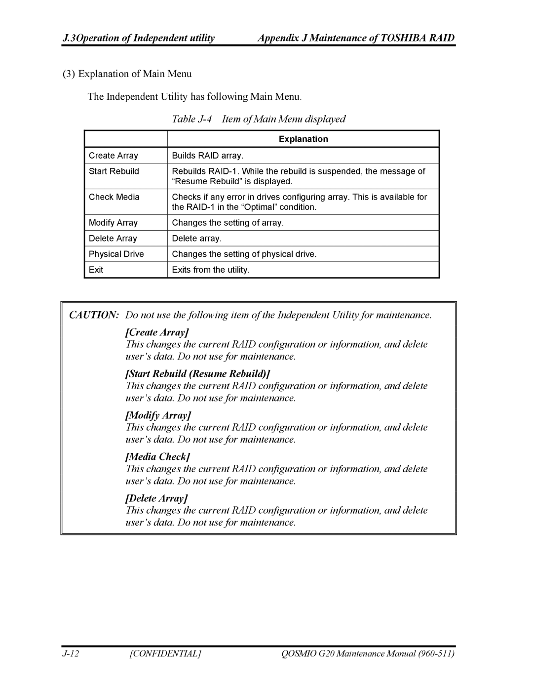 Toshiba QOSMIO G20 manual Create Array, Start Rebuild Resume Rebuild, Modify Array, Media Check, Delete Array 