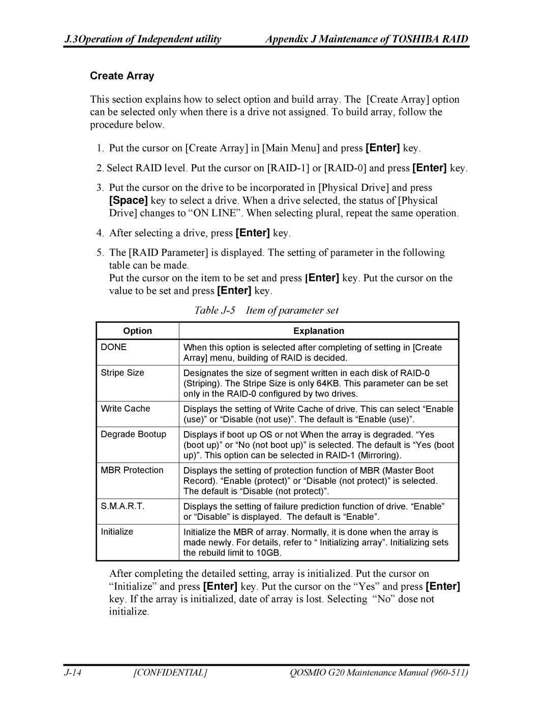 Toshiba QOSMIO G20 manual Create Array, Table J-5 Item of parameter set, Option Explanation 