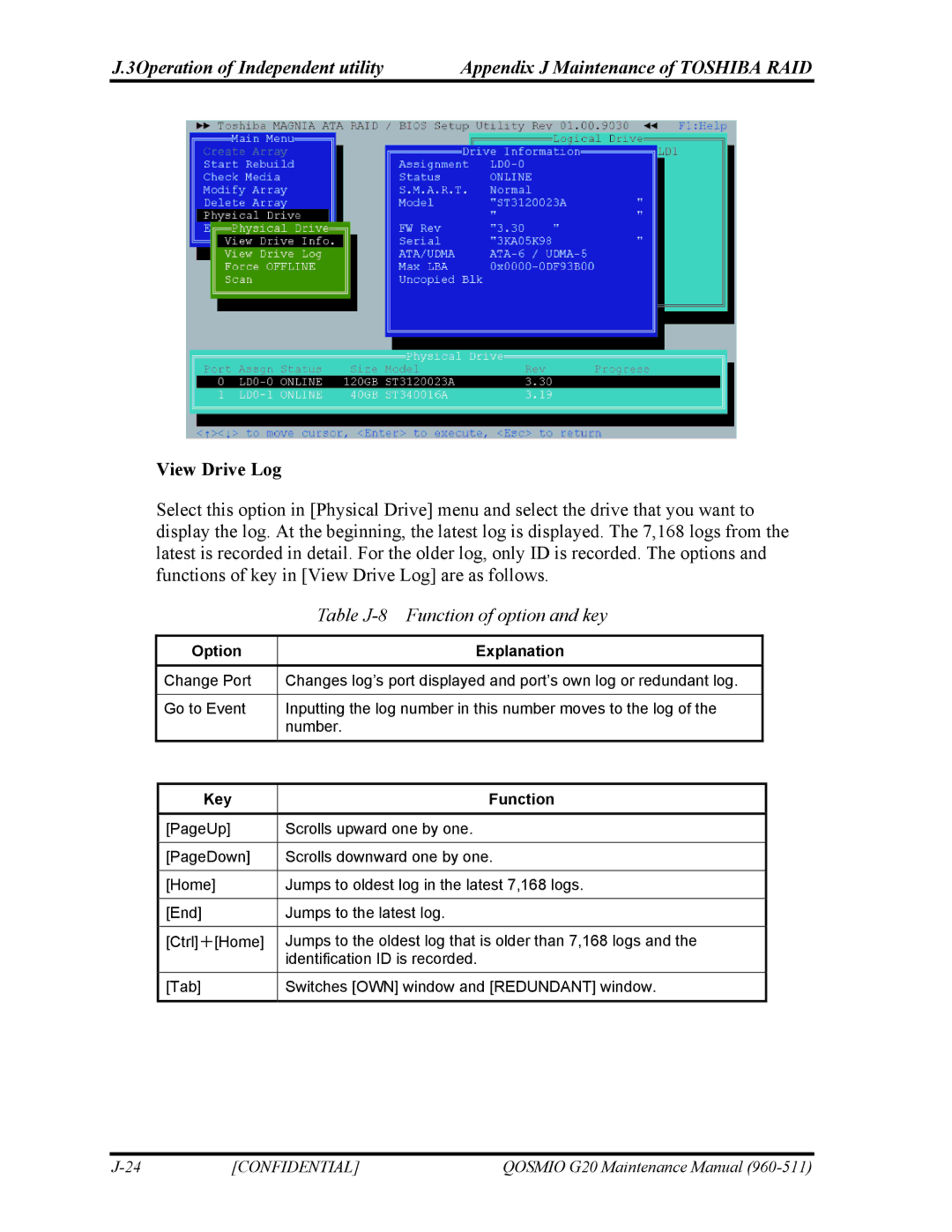 Toshiba QOSMIO G20 manual View Drive Log, Table J-8 Function of option and key, Key Function 