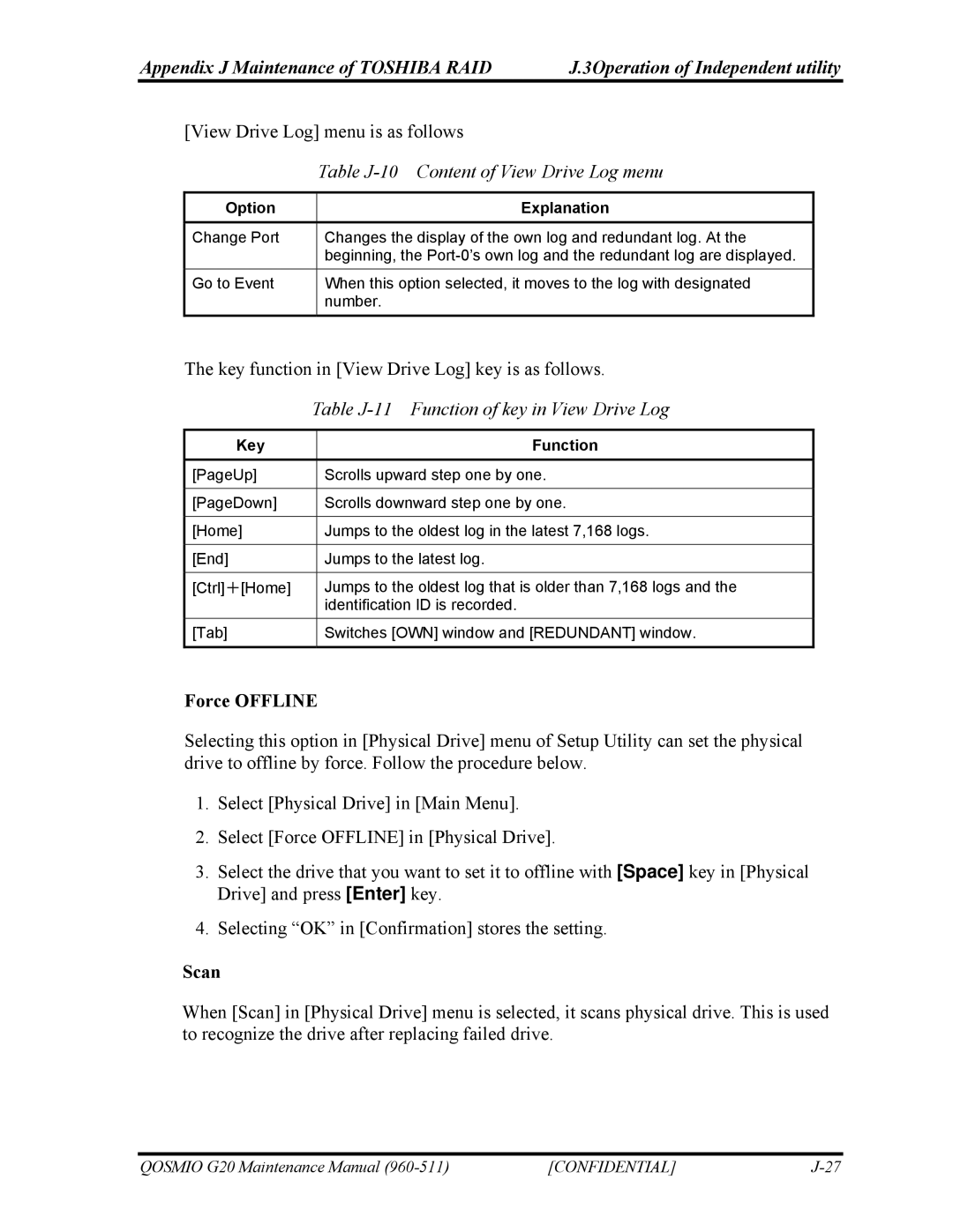 Toshiba QOSMIO G20 Table J-10 Content of View Drive Log menu, Table J-11 Function of key in View Drive Log, Force Offline 