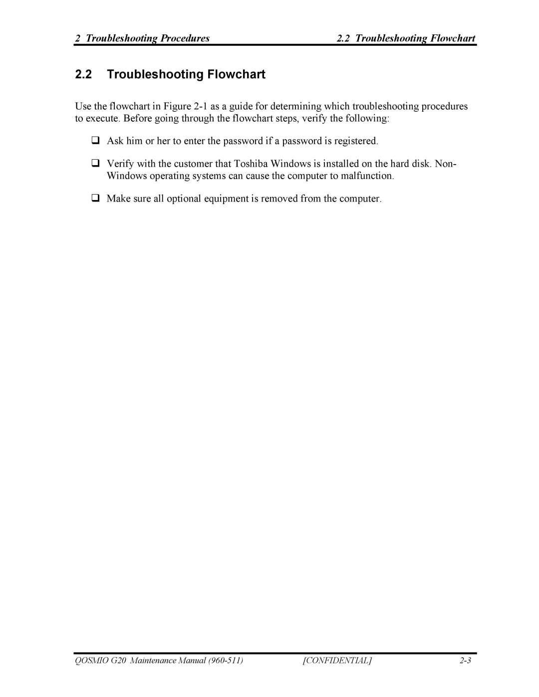 Toshiba QOSMIO G20 manual Troubleshooting Procedures Troubleshooting Flowchart 