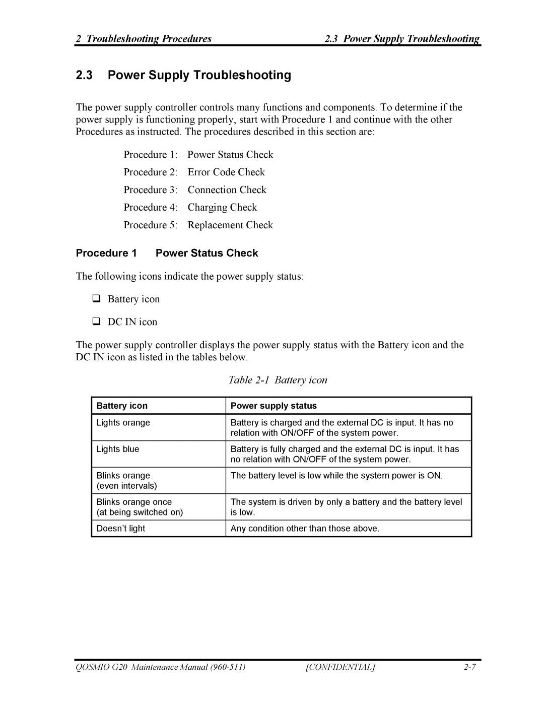 Toshiba QOSMIO G20 manual Troubleshooting Procedures Power Supply Troubleshooting, Procedure 1 Power Status Check 