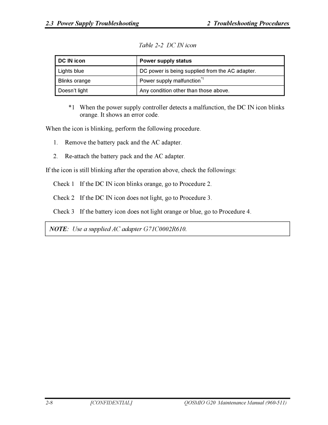 Toshiba QOSMIO G20 manual Power Supply Troubleshooting Troubleshooting Procedures, DC in icon Power supply status 