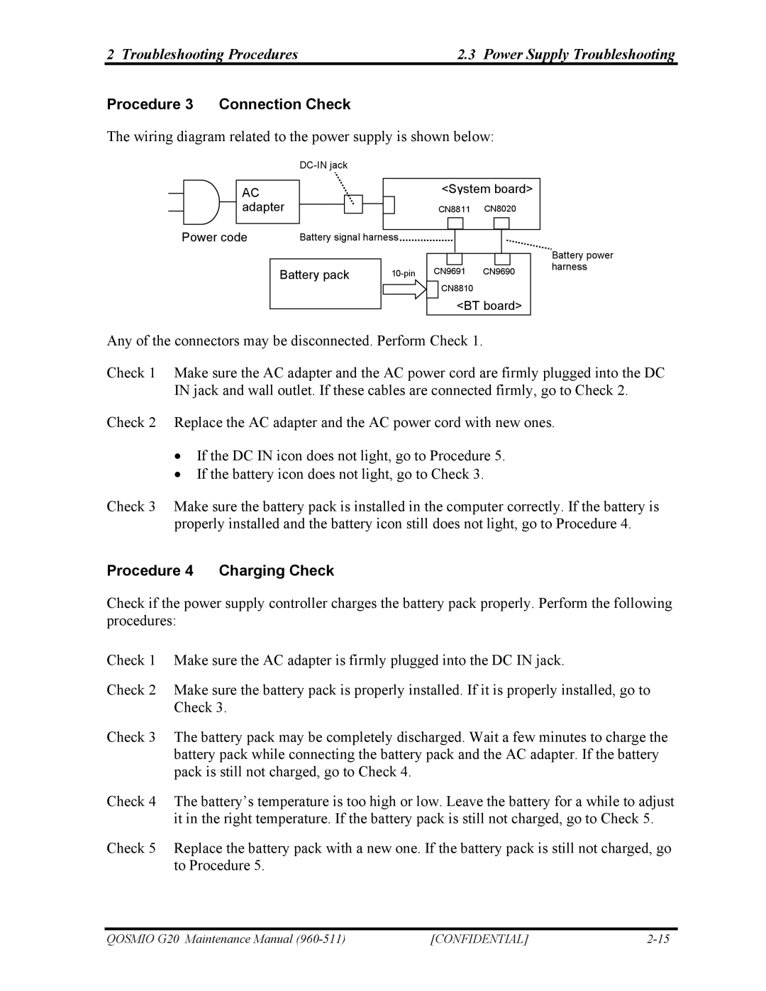 Toshiba QOSMIO G20 manual Procedure 3 Connection Check, Procedure 4 Charging Check 